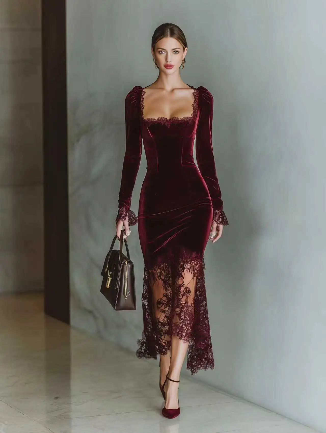 Gundy French Velvet Mermaid Dress, Lace Panel Long Sleeve Square Neck Open Back Bodycon Gown