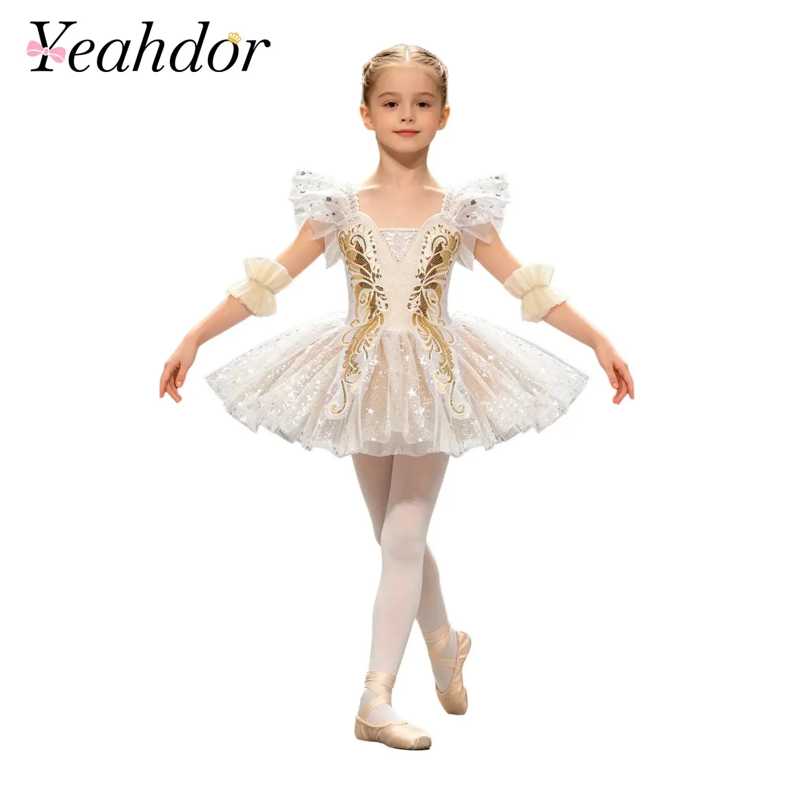 Kids Girls Ballet Dance Princess Dress Ballerina Sequin Tulle Tutu Dress with Cuffs Pantyhose for Stage Performance Outfits