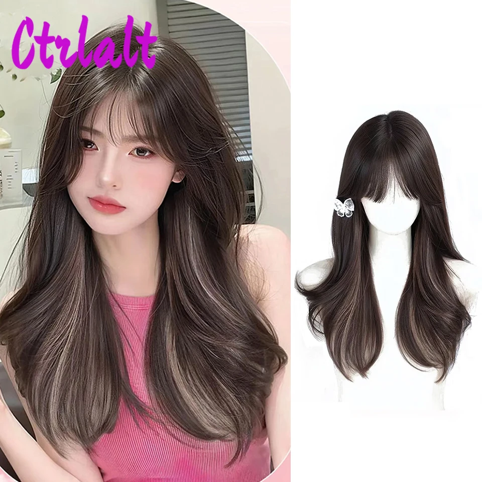 Wig sintetik gelombang panjang coklat, dengan poni krem Lolita rambut palsu untuk wanita pesta Natal Halloween serat tahan panas