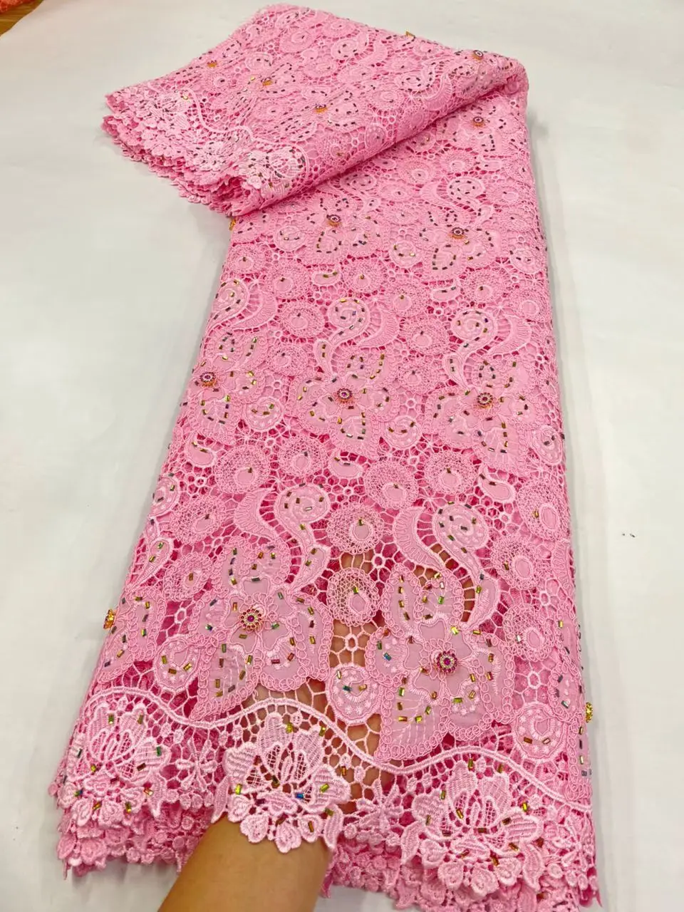 

African Rhineston Embroidery Lace Fabric,Cotton Fabrics By The Meter,Latest,Water Soluble,Wedding Dress,Tulle,High Quality,5Yard