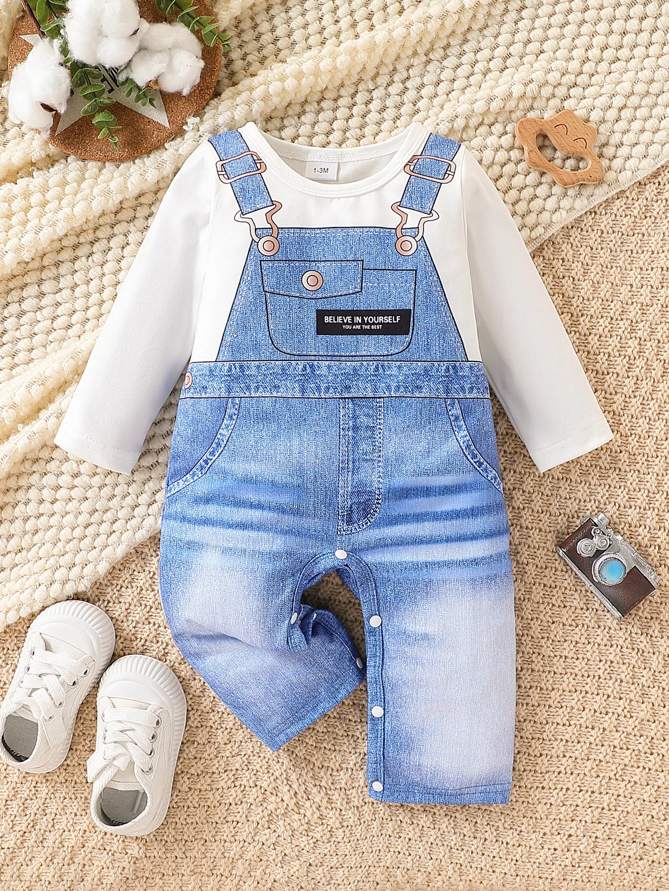 Cute Faux Overalls Printed Baby Boy Jumpsuit Long Sleeve Snap Bottom Bodysuit Soft Breathable Daily Home Wear Romper 1-18M