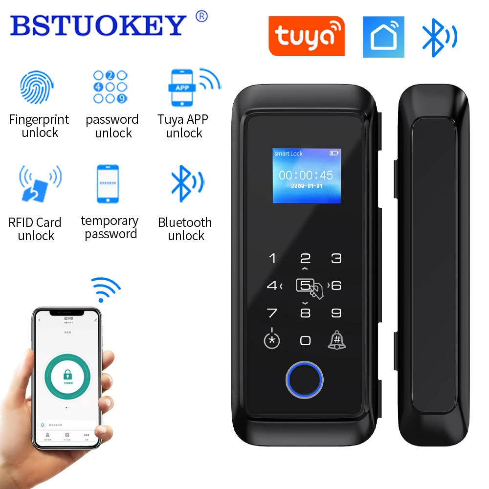 

Double Hook Tuya Bluetooth Fingerprint Intelligent Lock for Office Store Wooden Glass Sliding Door + Remote Control Optional