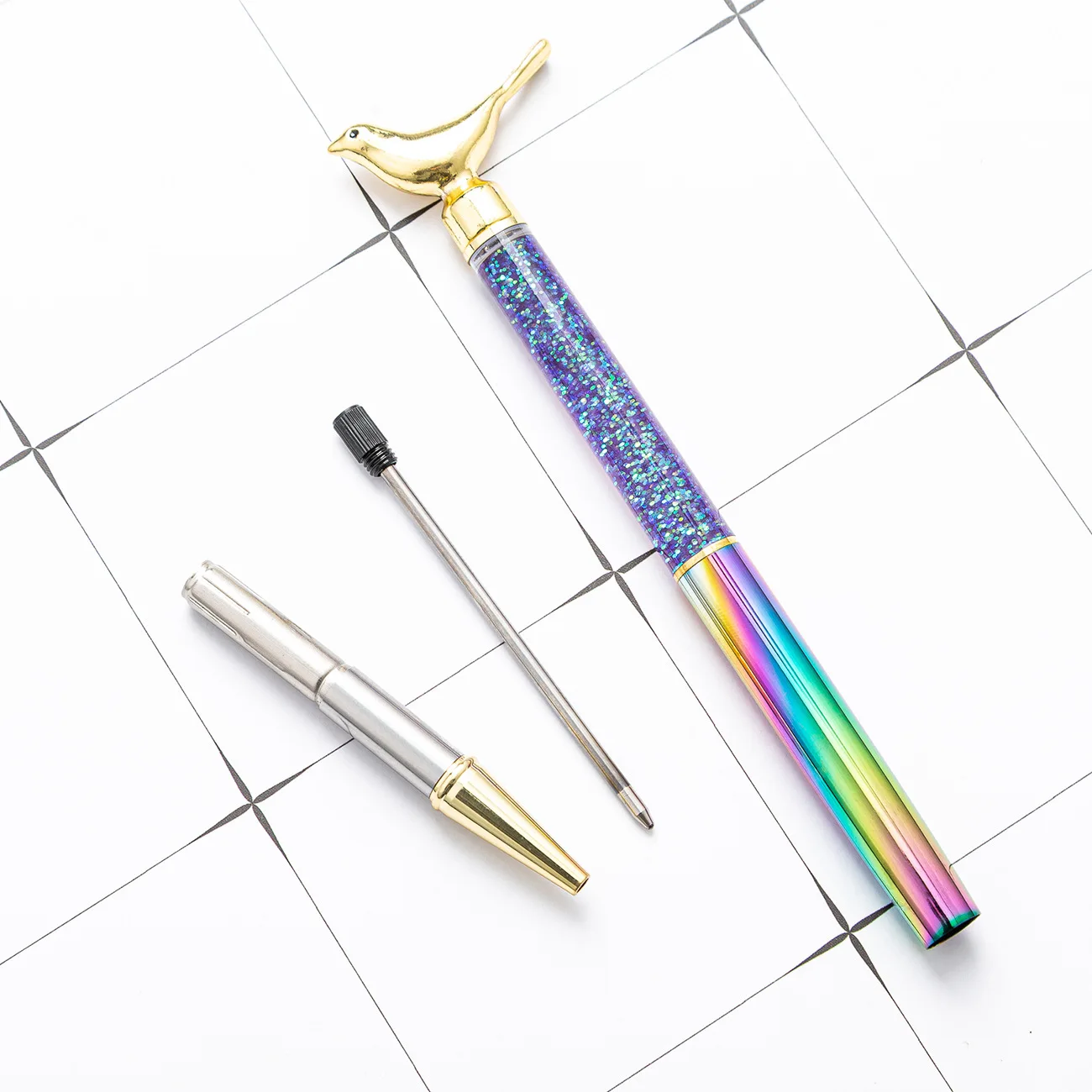 10PCS Colorful Bird Gold Powder Ballpoint Pen Gift Pen with Oil Pen