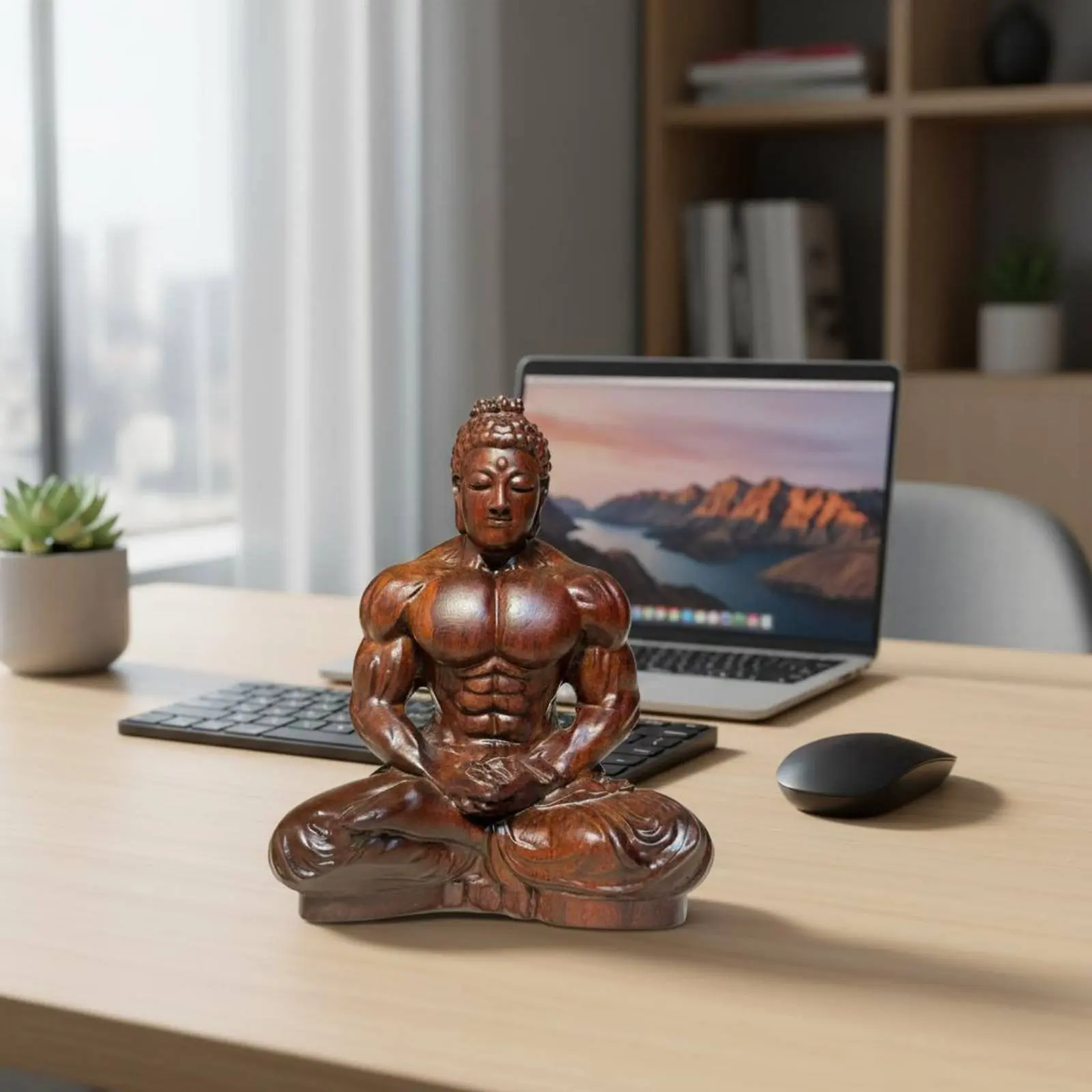 Seated Muscle Buddha Figurine Creative Gift Wooden Bodybuilder Buddha House Decoration Dense Wood for Office, Meditation Room