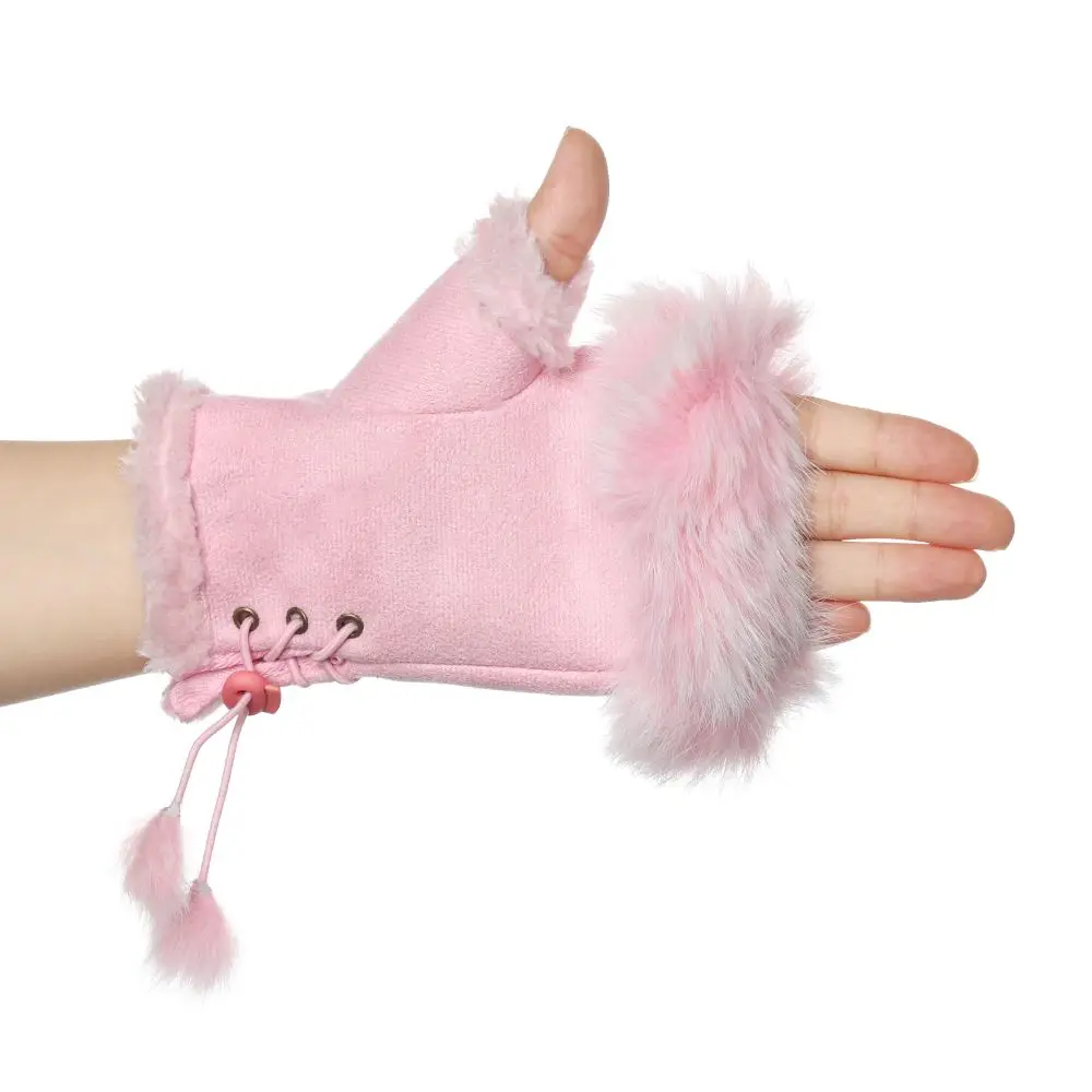 Guantes de pelo de conejo de imitación para mujer y niña, manoplas gruesas, suaves y sin dedos, elásticos, a la moda, para invierno