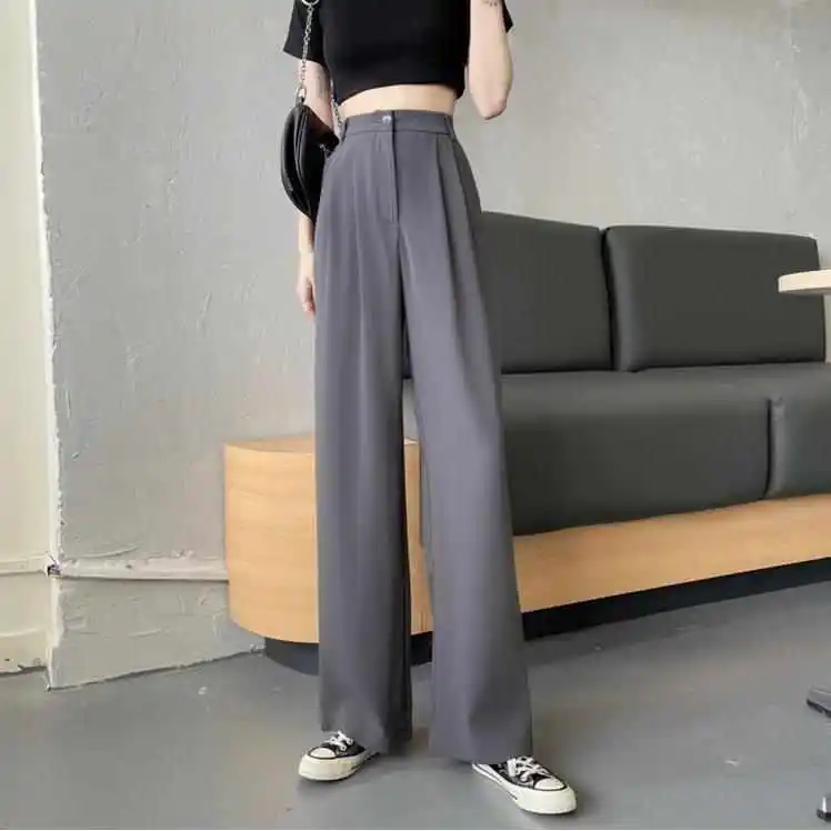 Zomer 2025, losse, casual lange broek voor dames, hoge taille, broek met rechte pijpen, reflecterend splitsdetail, katoenmix