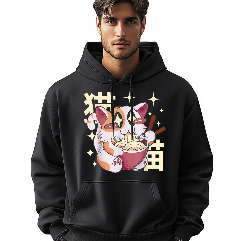 

Kawaii Japanese Ramen Cat Graphic Tee Hoodie Oversize Man Normal Long Sleeve Pullover Hoodie Pullover