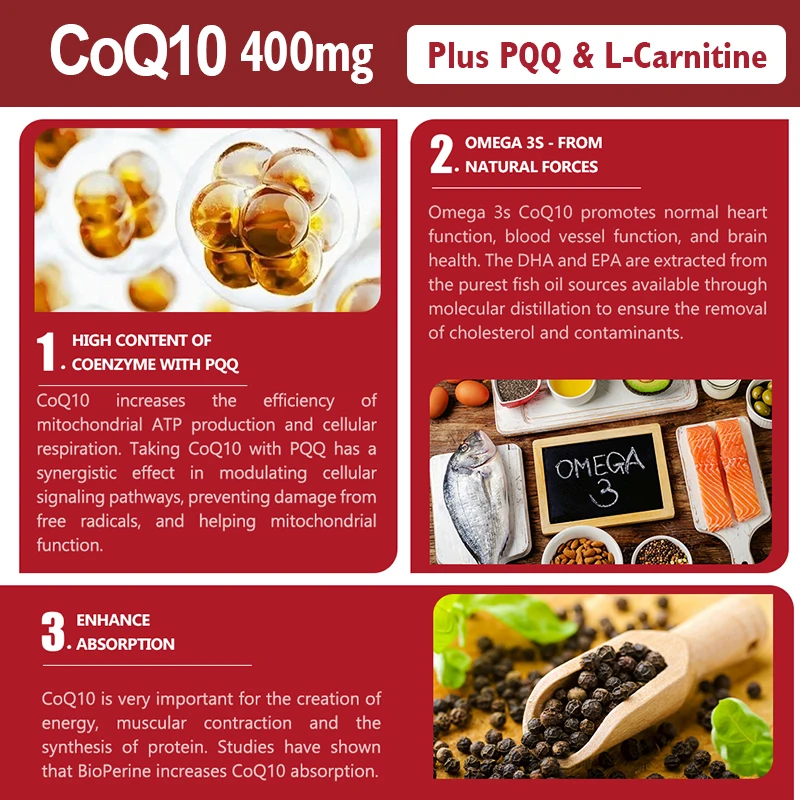 Cápsulas de CoQ10 (ubiquinona), 400mg con PQQ, soporte antioxidante para el cerebro, el corazón y la salud energética, suplemento de coenzima Q10