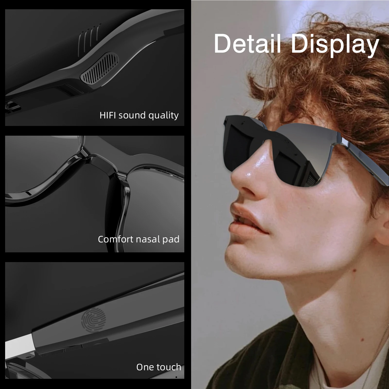 Inteligentne okulary bezprzewodowe - wielofunkcyjne, obsługują połączenia, odtwarzanie muzyki, soczewki HD, sterowanie dotykowe, długi czas pracy na baterii