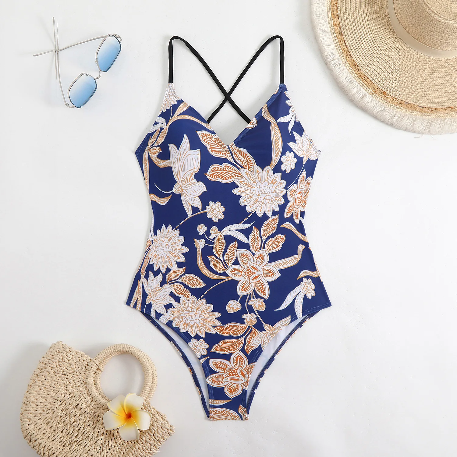 Sexy Floral One Piece Swimsuits Women Bathing Suit V Neck Swimwear Female Monokini Cross Backless Swimming for Suits Beachwear