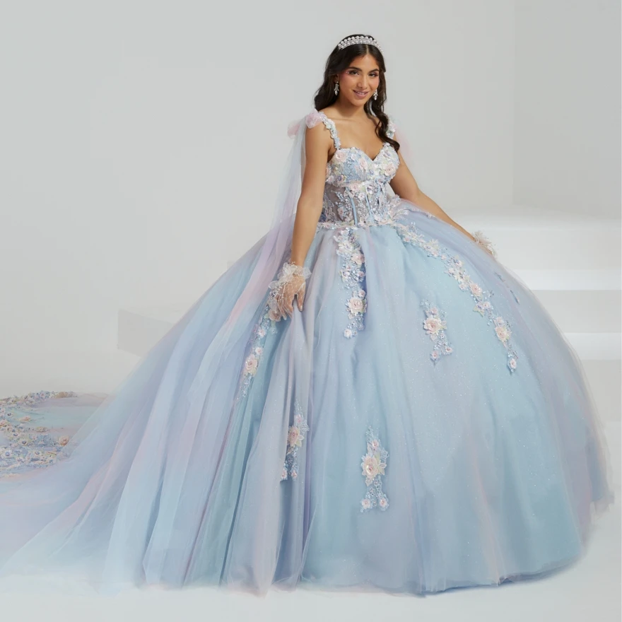 Vestido para quinceañeras azul personalizado, vestido De baile con flores espaguetis, apliques con cuentas, dulce 15, Vestidos De 15 Años YQD155, 2023