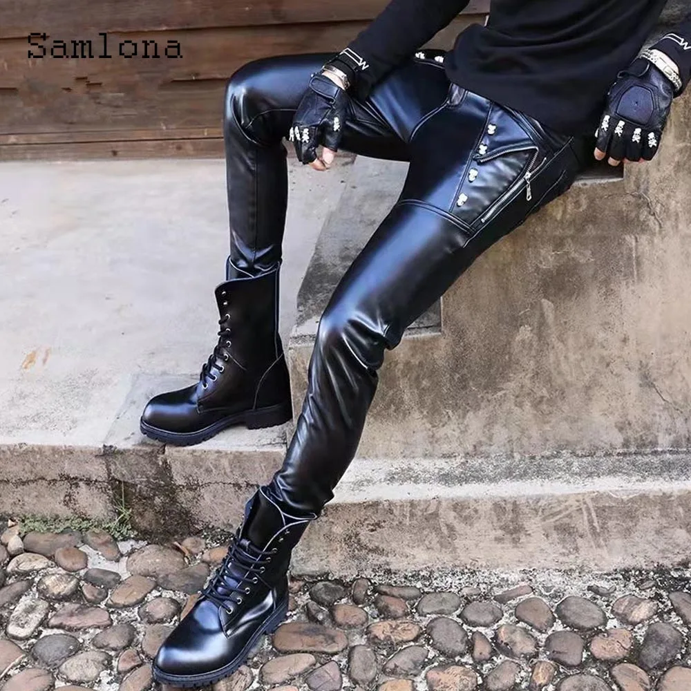 

2025 Men's Rock Style PU Leather Pants Sexy Night Club Dance Pants Mens Fashion Matte Faux Leather Slim Motorcycle Trousers New