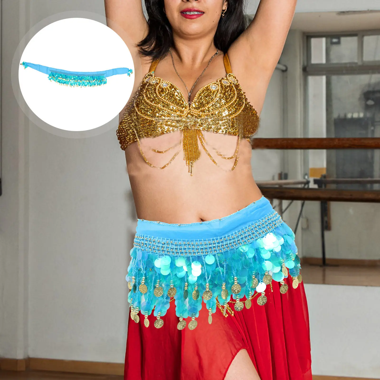 Belly Dancing Hip Scarf with Sparkling Sequins Women's Adjustable Dance Skirt for Theme Parties Masquerade Halloween Dancing