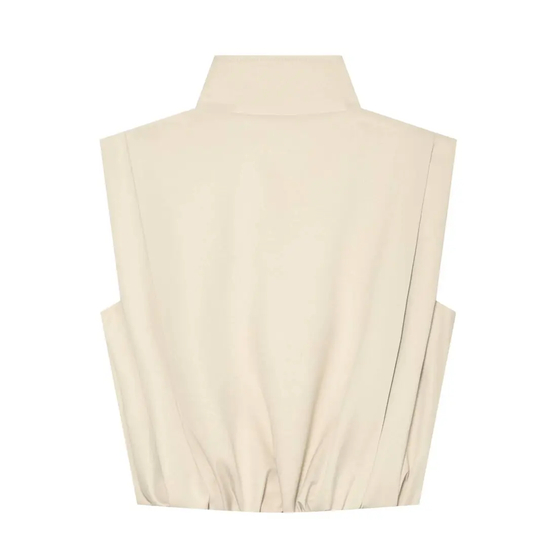Fashionable Simplistic Sleeveless Stand Collar Pleated Button Vest New Arrival Early Autumn Women's Wear Cotton Slim Fit Curv...