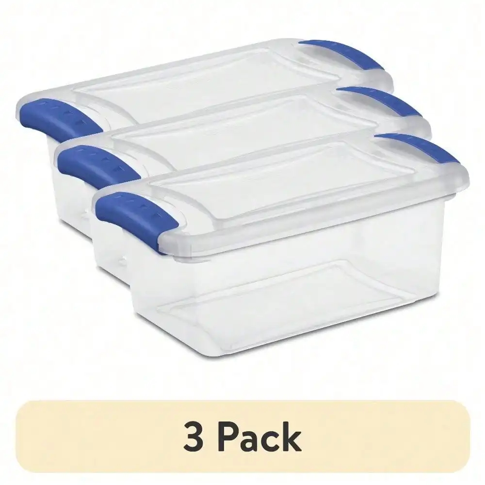 3-Pack 7 Quart Small Clear Plastic Storage Bins with Latching Lids, Stackable Organizer Containers for Home Organization, Kitchen Pantry, Office Supplies, Craft & Closet Storage, Transparent with Blue Latches