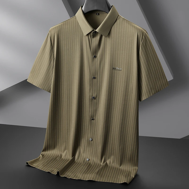 8XL 7XL 6XL 2024 New Summer Striped Chemise Homme High End Ice Silk Breathable Shirt Men Brand Clothing Business Mens Shirts