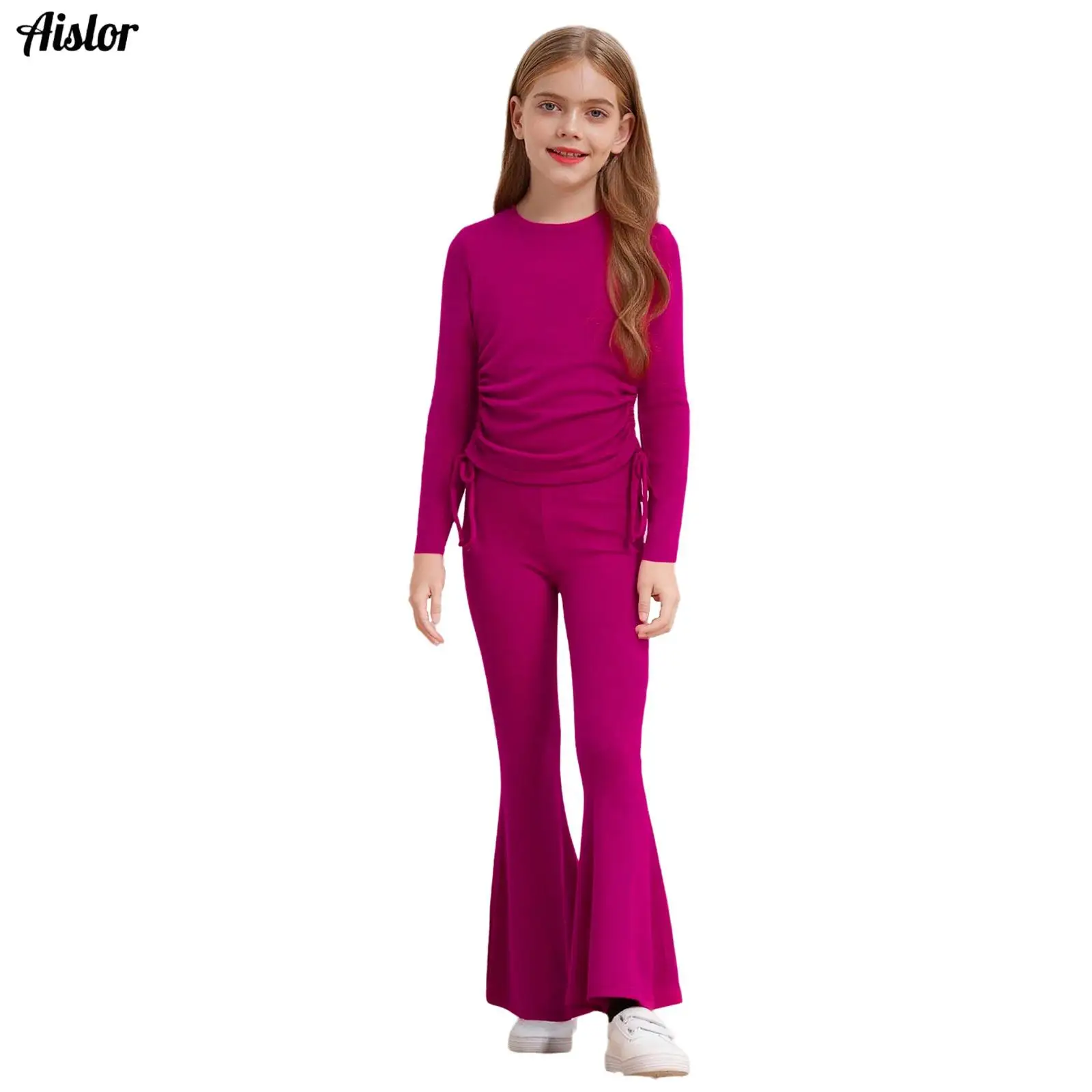 

Kids Girls Casual Clothes Outfit Spring Autumn Cotton Solid Color Round Neck Long Sleeve Sides Drawstring Tops with Flared Pants