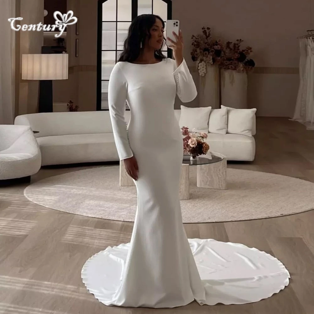 

Mermaid Wedding Dress Women Long Sleeve O-Neck Backless Crepe Simple Bridal Gowns for Bride Vestidos de Novia Customized