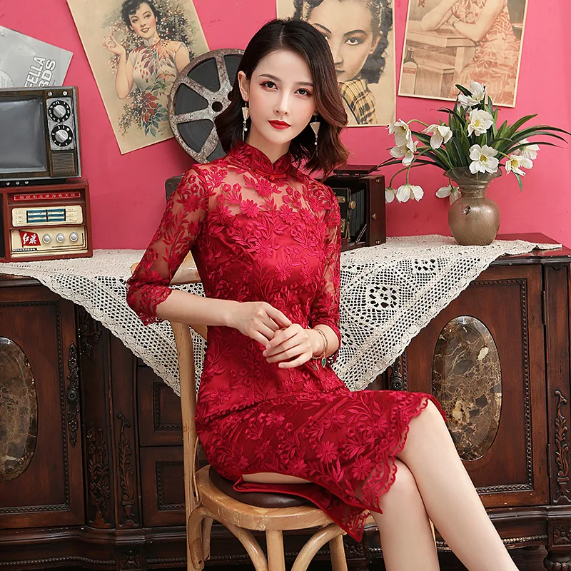 red lace chinese dress Blue Red Lace Sheer Hem Qipao / Cheongsam Wedding Dress