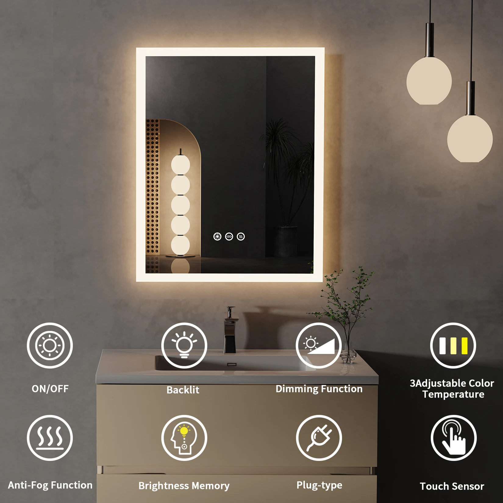 Imagem -03 - Led Iluminado Espelho do Banheiro com Smart Touch Button Anti-fog Wall Mounted Vanity Função de Memória 16x0 Polegada