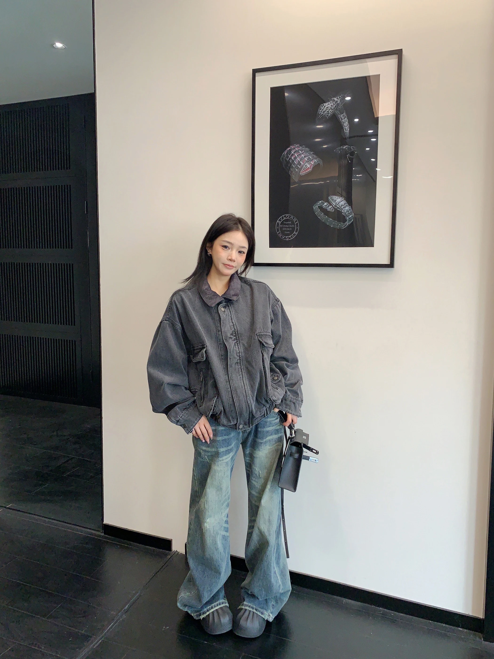 

Retro Distressed Short Denim Jacket Women Loose Fit Turn-down Collar Color Block Cotton Spring Fashion Outerwear Coat