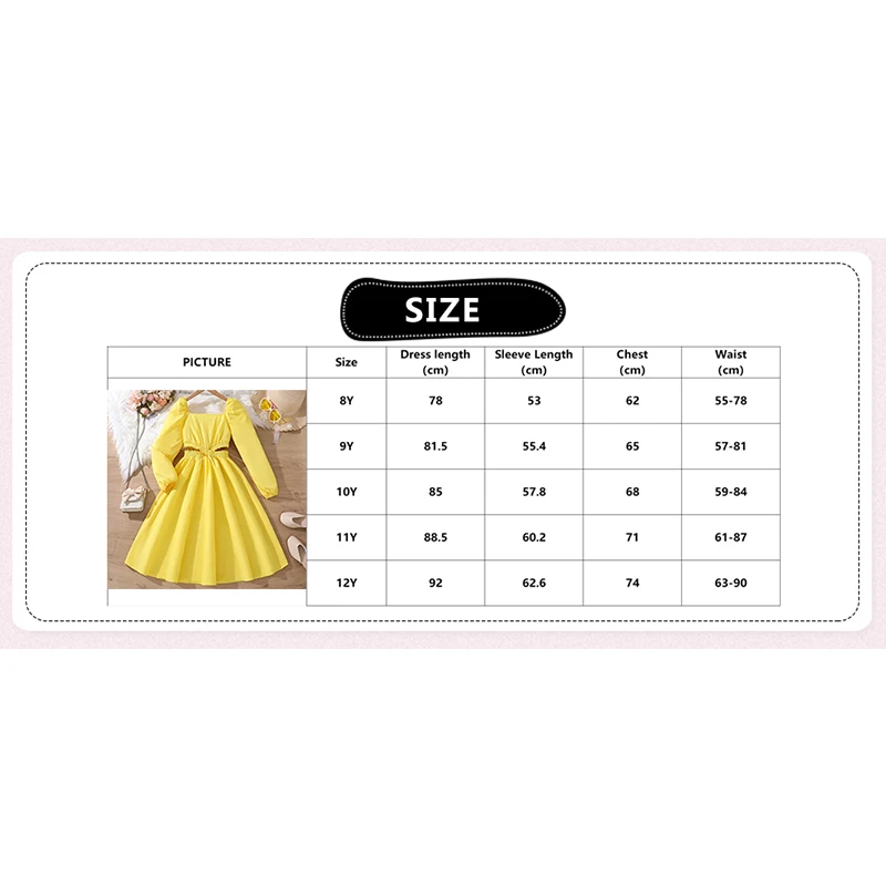 Dress Kids Girls 8-12 Years Yellow Square Neck Cross Hollowing at the Waist Dress For Girls Elegant Vacation Holiday Party Dress