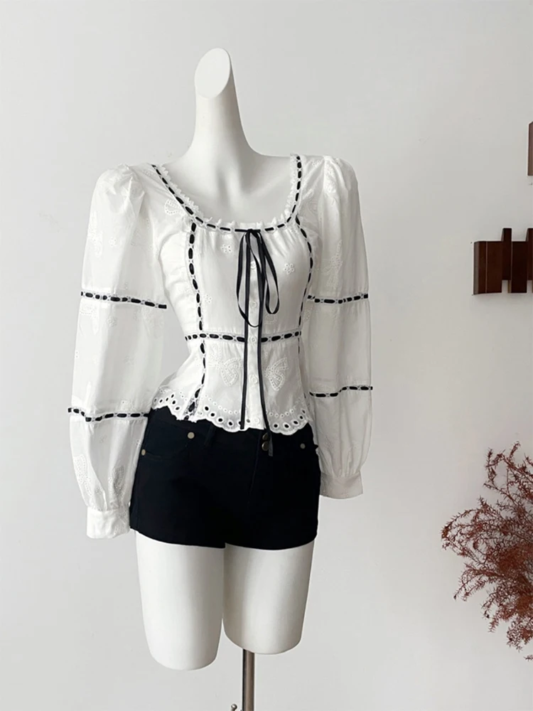 Chemise en dentelle à manches longues et short noir pour femme, col carré, vintage français, tenues Mori Girl, vieux argent, doux, automne, ensemble 2 pièces