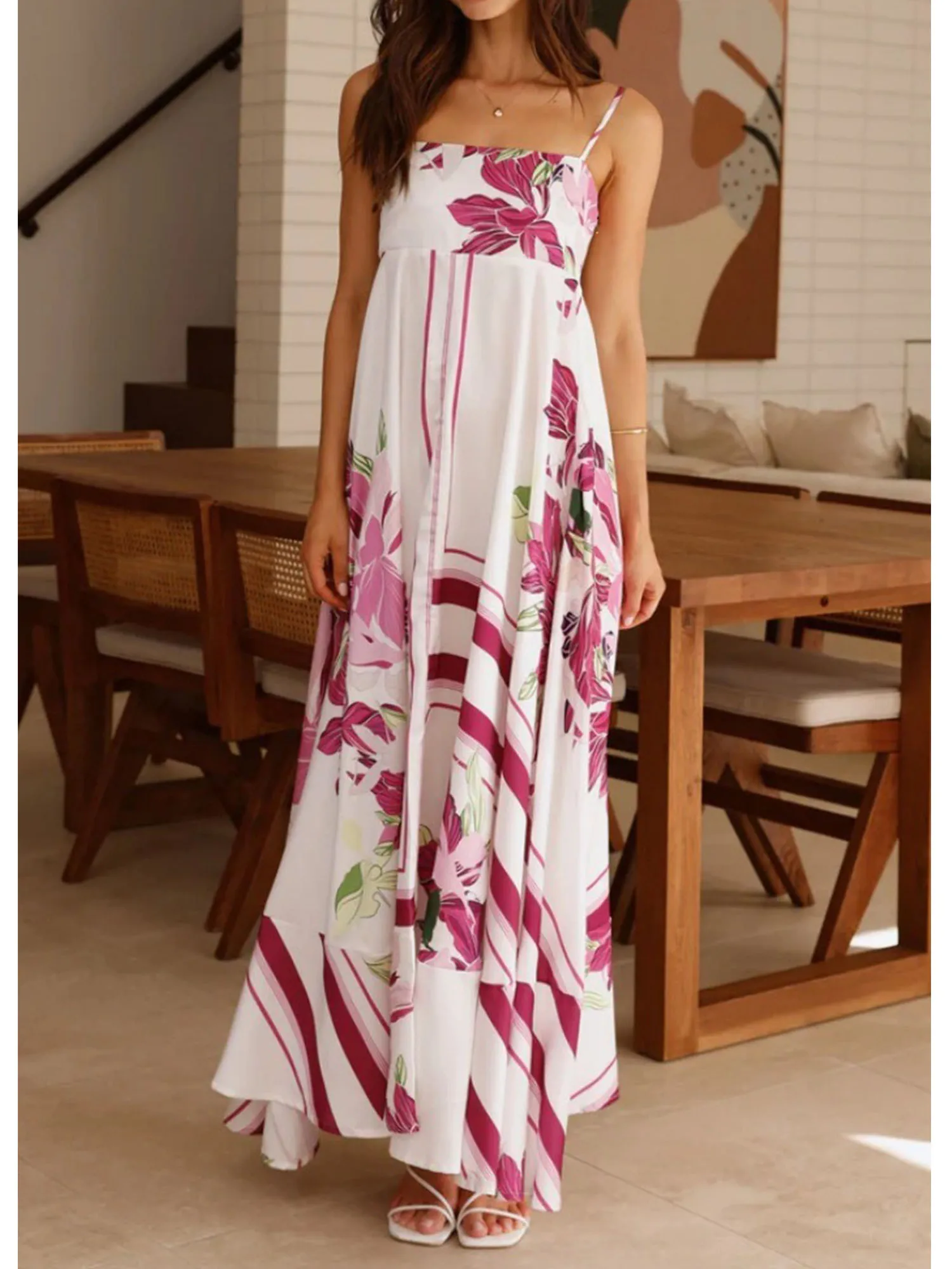 فستان طويل للشاطئ بدون أكمام مزين بالزهور للنساء صيفي عصري بحزام سباغيتي بدون أكمام على شكل حرف A