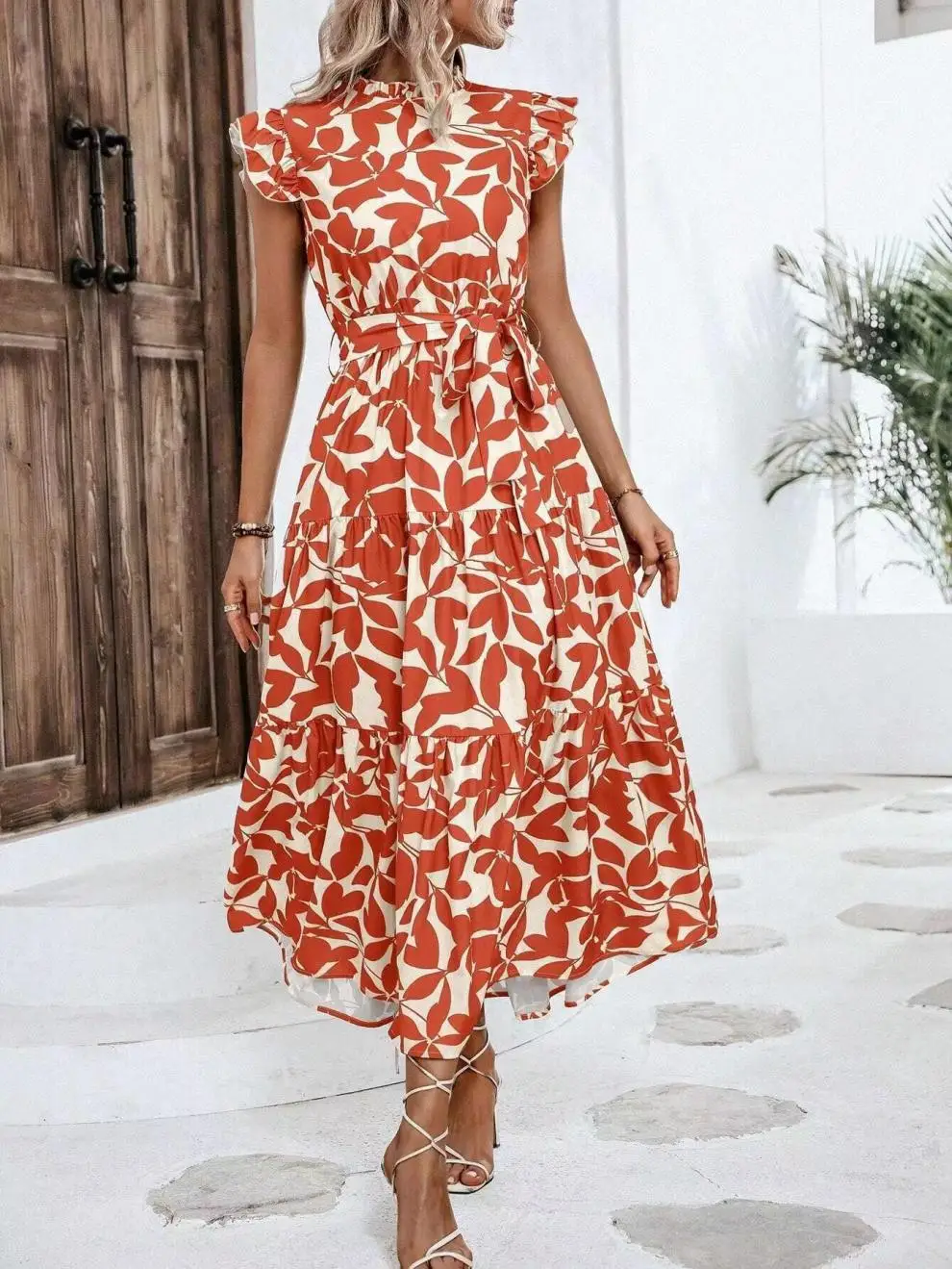 

Fashion Printed Ruffle Short-sleeved Dress Women Summer Casual Half-high Neck Tied Dress For Women 2025