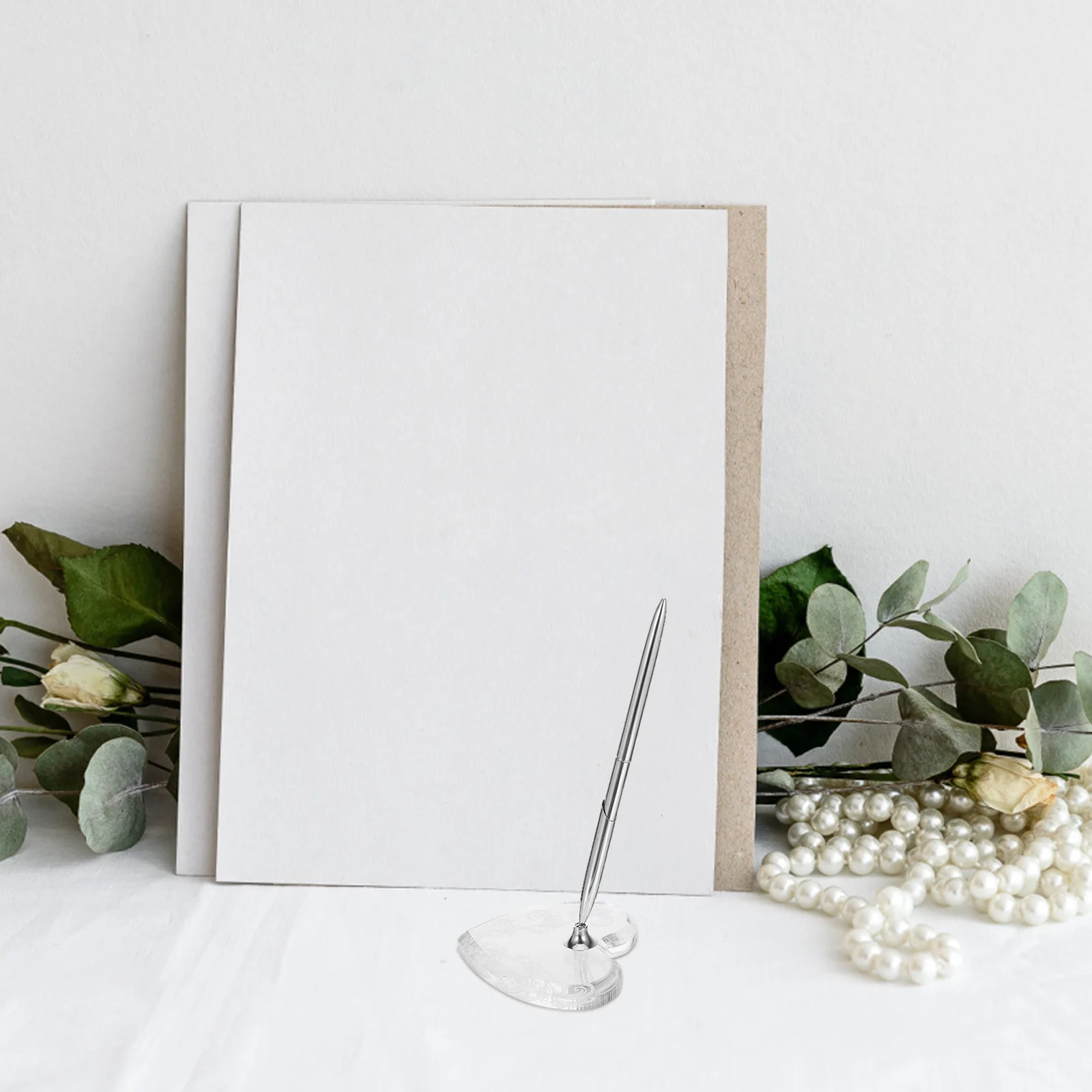 

Wedding Silver Ballpoint Pen Acrylic Heart Stand Guest Book Signing Pen Ceremony Reception Anniversary Wedding Sign-in