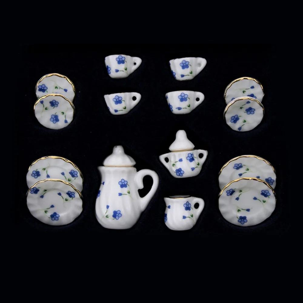 Ceramic Dollhouse Miniature Tea Set Kettle Tableware House Cup Model Set Flower Tray Miniature Porcelain Tea Cup Set