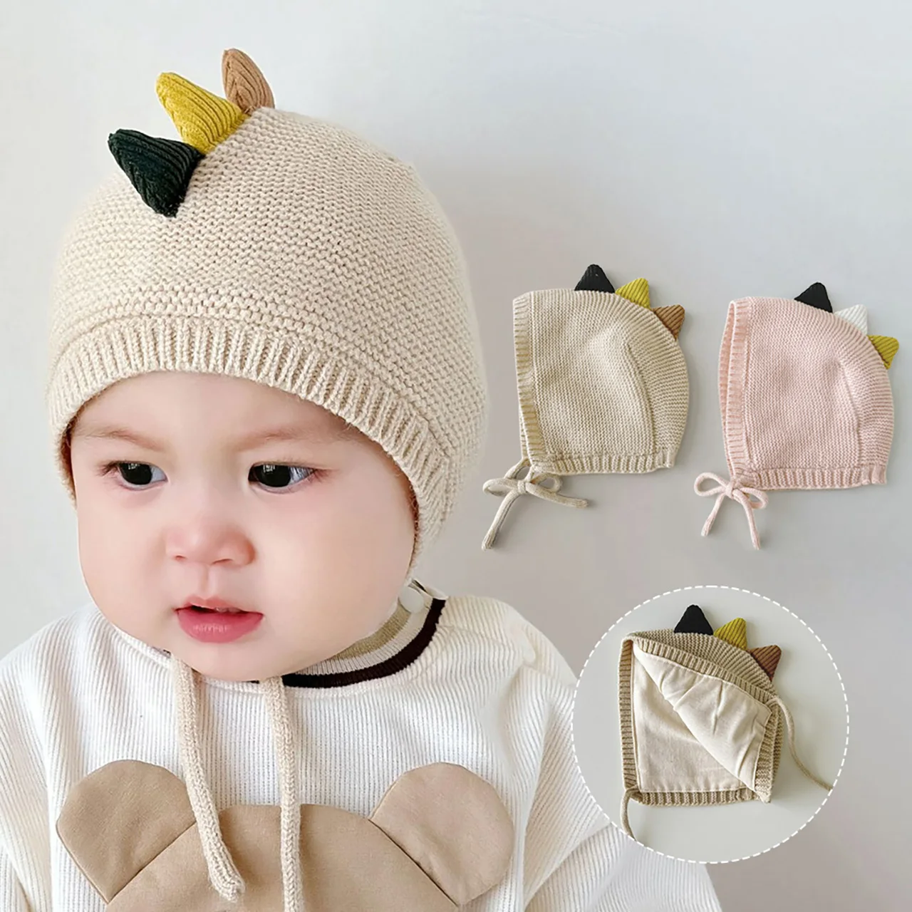 

Winter Baby Tie Knitted Hat Cute Dinosaur Infant Ear Protection Cap 3-18Month Kids Lace-up Headgear Bonnet Warm Woolen Beanie