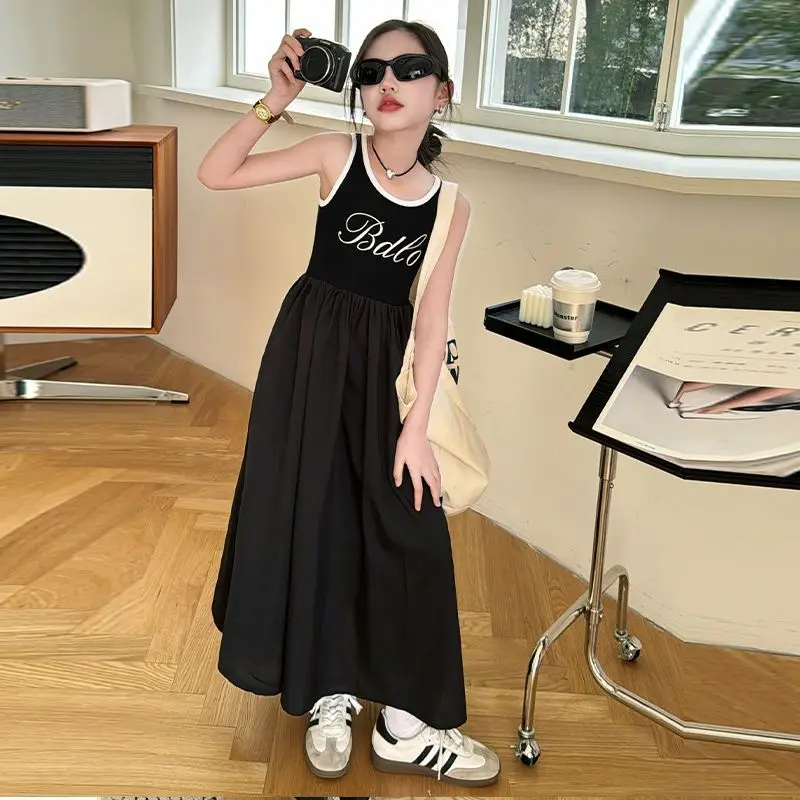 UNITIM Summer Children Girls Sundress 4-14Yrs Kids Girls Letter Printed Sleeveless Dress Junior Girls Round Collar Long Dresses