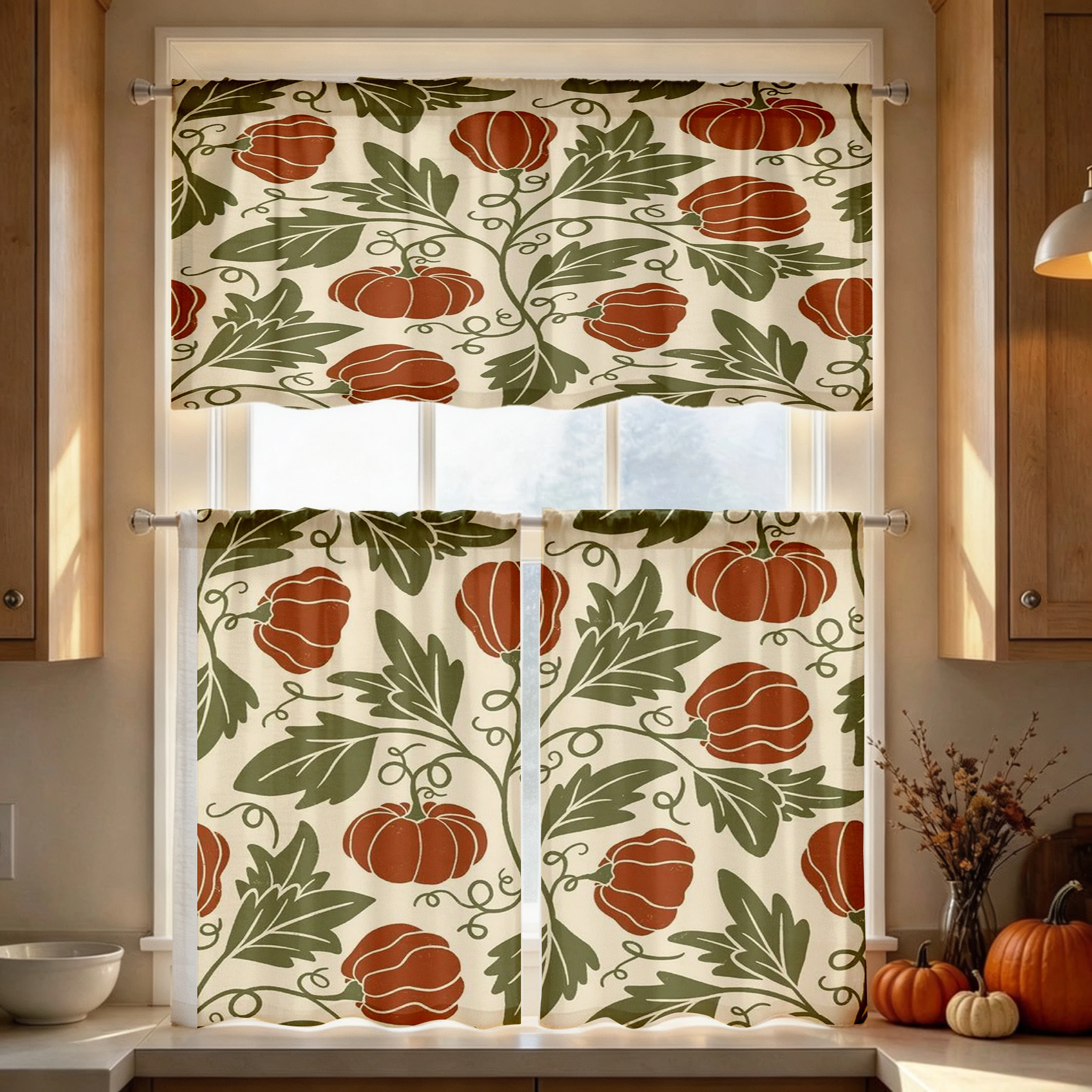 Thanksgiving Fall Kitchen Curtains, Red Pumpkin Green Vine, Digital Print, Kitchen Dining Room, Rod Pocket Polyester, Home Decor