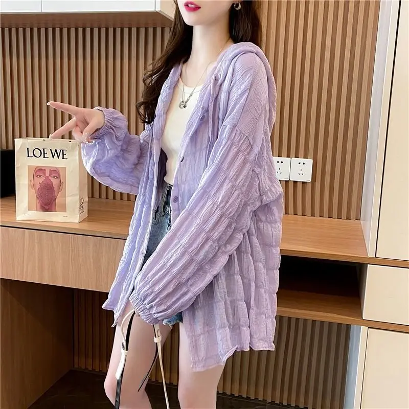 Summer Hooded Jacket Sweatshirt Women Sun Protection Clothing Korean Fashion Single Breasted Sunscreen Thin Loose Casual Coat