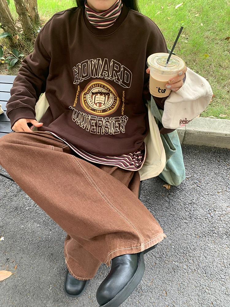 

NIDEBLA American Retro round Ne Long Sve Printed Sweatirt Women's Trendy Couple Casual Versatile Loose Fit Street Sle