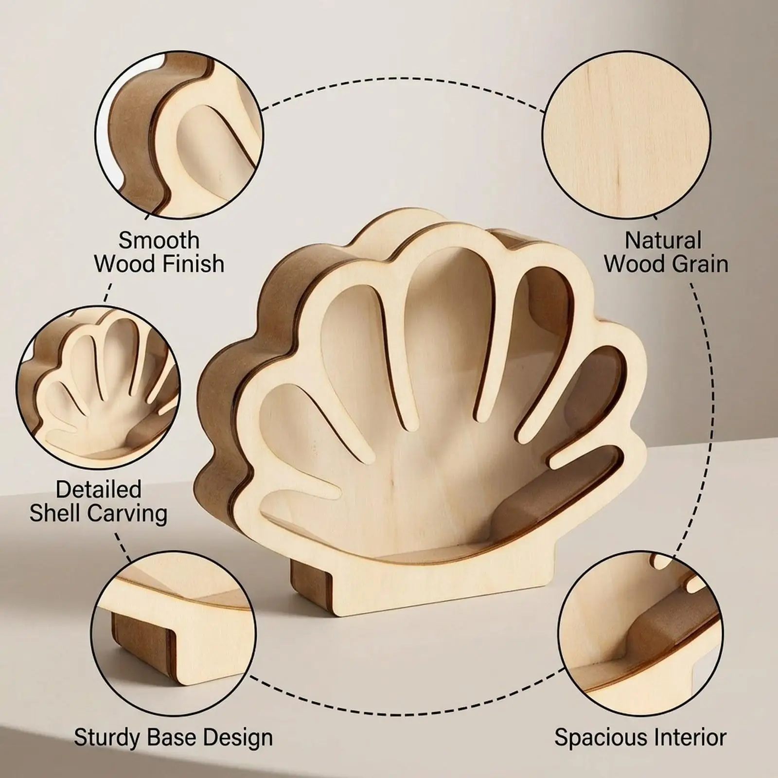 Natural Wood Seashell Holder Multipurpose Display Box for Ocean Beach Gifts Keepsake Organizer for Collectors