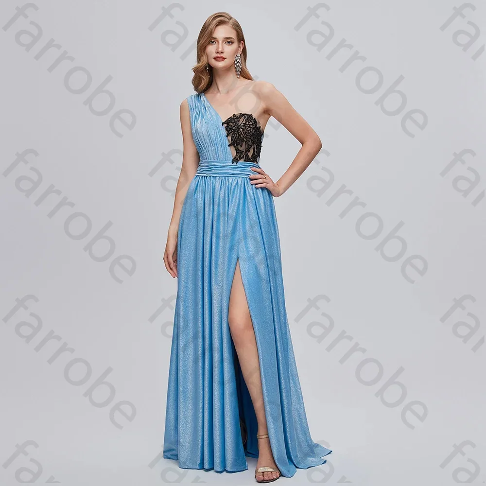 

Customized Sky Blue Evening Dresses Stunning A Line Knitting Prom Gown One Shoulder Sweetheart High Slit Long Women Formal