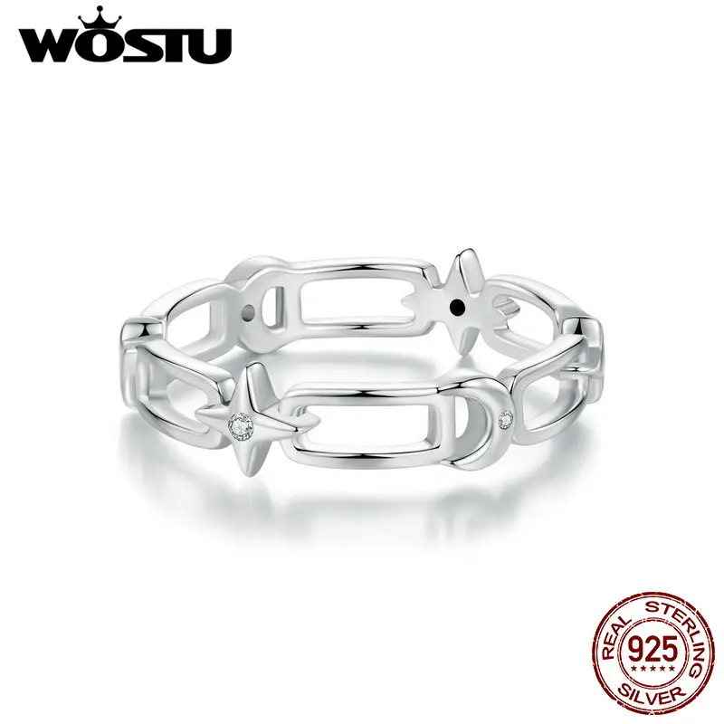 

WOSTU 925 Sterling Silver Women Punk Jewelry Star Moon Chain Link Ring Shiny Zircon Hollow Rings Birthday Gift Hip Hop Gift