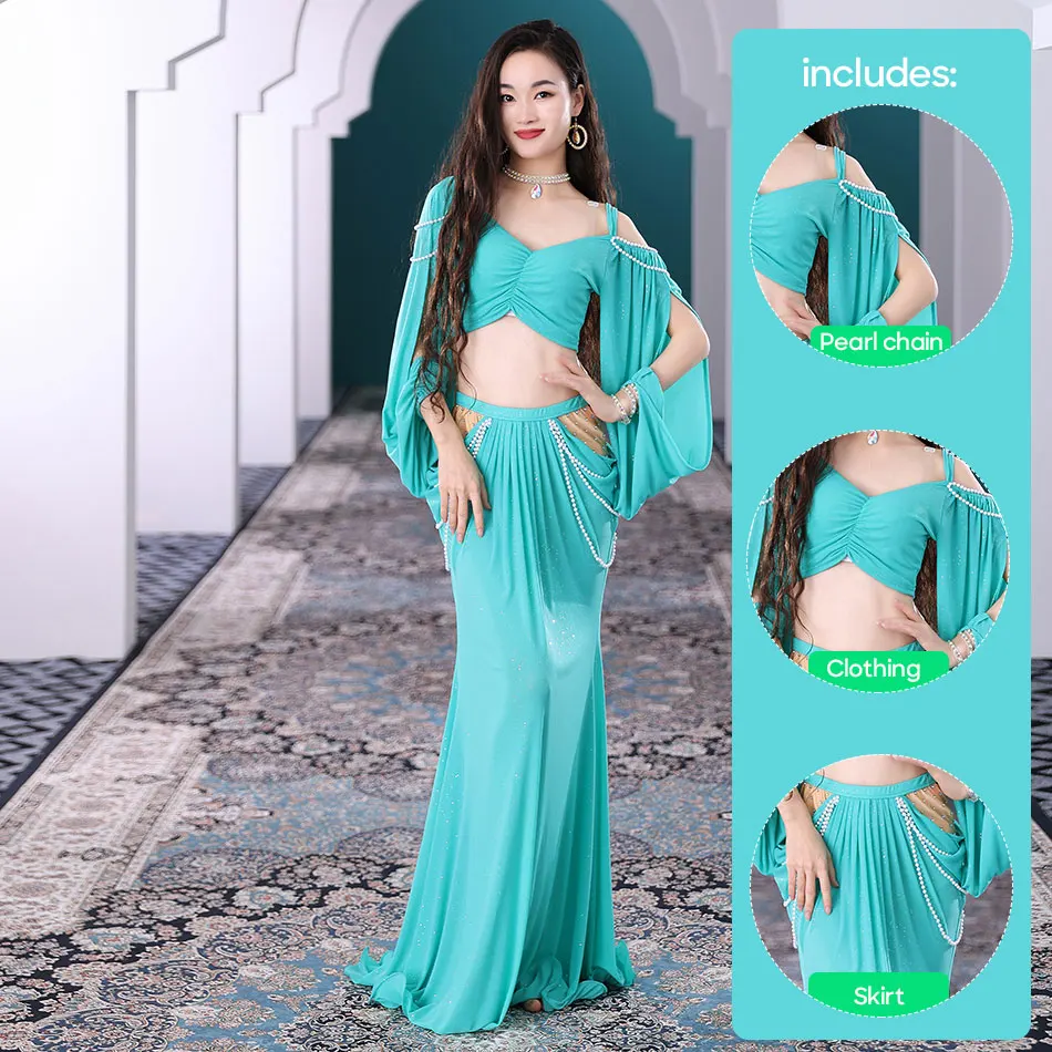 밸리 댄스 섹시 코스튬 2 개 세트, 성인 여성용 공연 원피스, 무대 공연 연습 진주 체인 롱 스커트