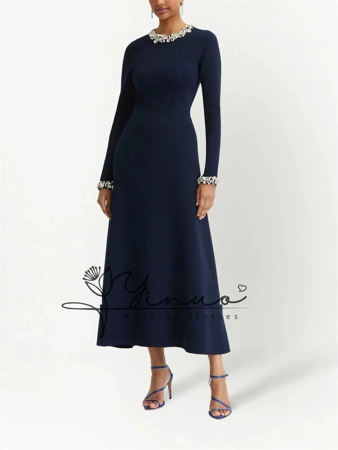 

customized O-Neck Navy Blue Vintage Formal Dress Prom Party T-length Crystals Evening Gowns for Women Formal Bridesmaid Dress