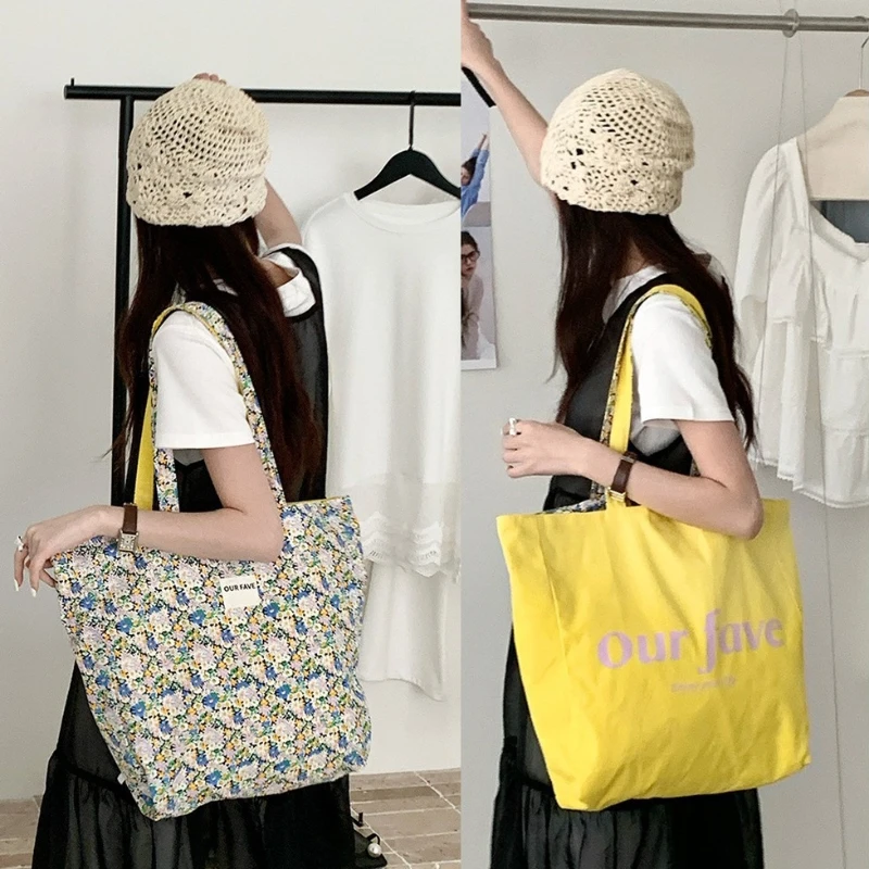 

Spring Summer Fresh Floral Double-sided Canvas Bag, Large Capacity Korean Minimalist Shoulder Handbag for Daily Commute