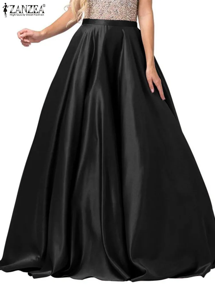 ZANZEA Fashion Women High Waist A-line Party Maxi Long Skirt Elegant Solid Holiday Faldas Saia Loose Jupe Summer Satin Skirts