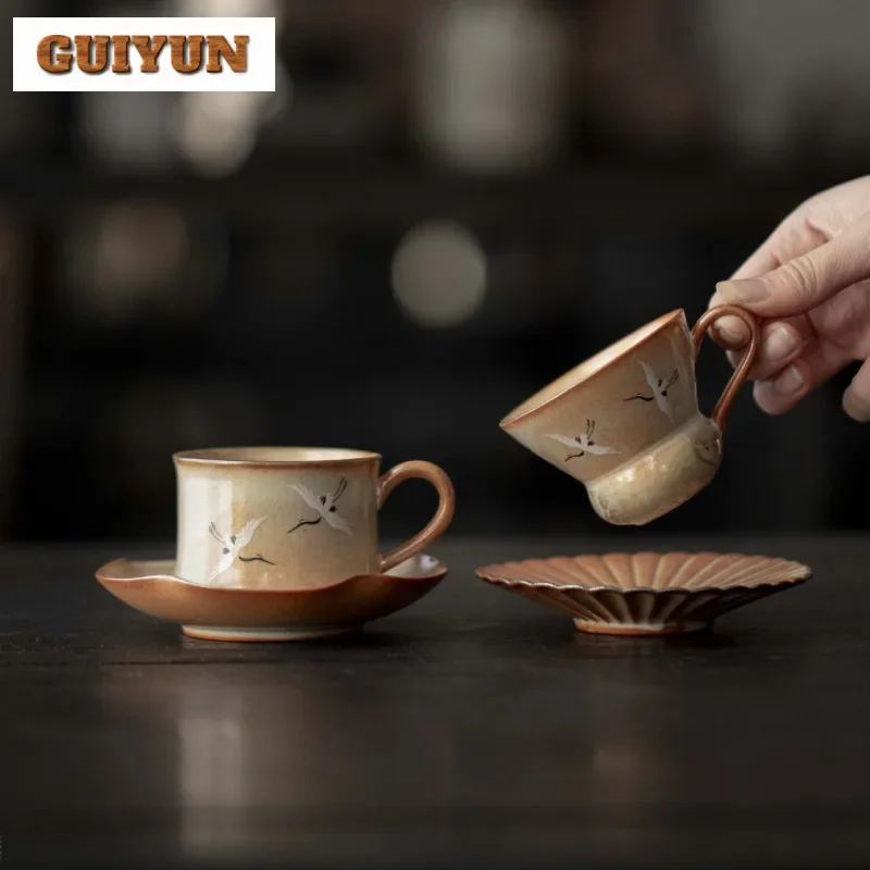 

Фарфоровая кофейная кружка с журавлем под дерево с тарелкой, чашка для горячего шоколада, кружка для послеобеденного чая, домашняя чашка, комплект блюдца, посуда, подарок