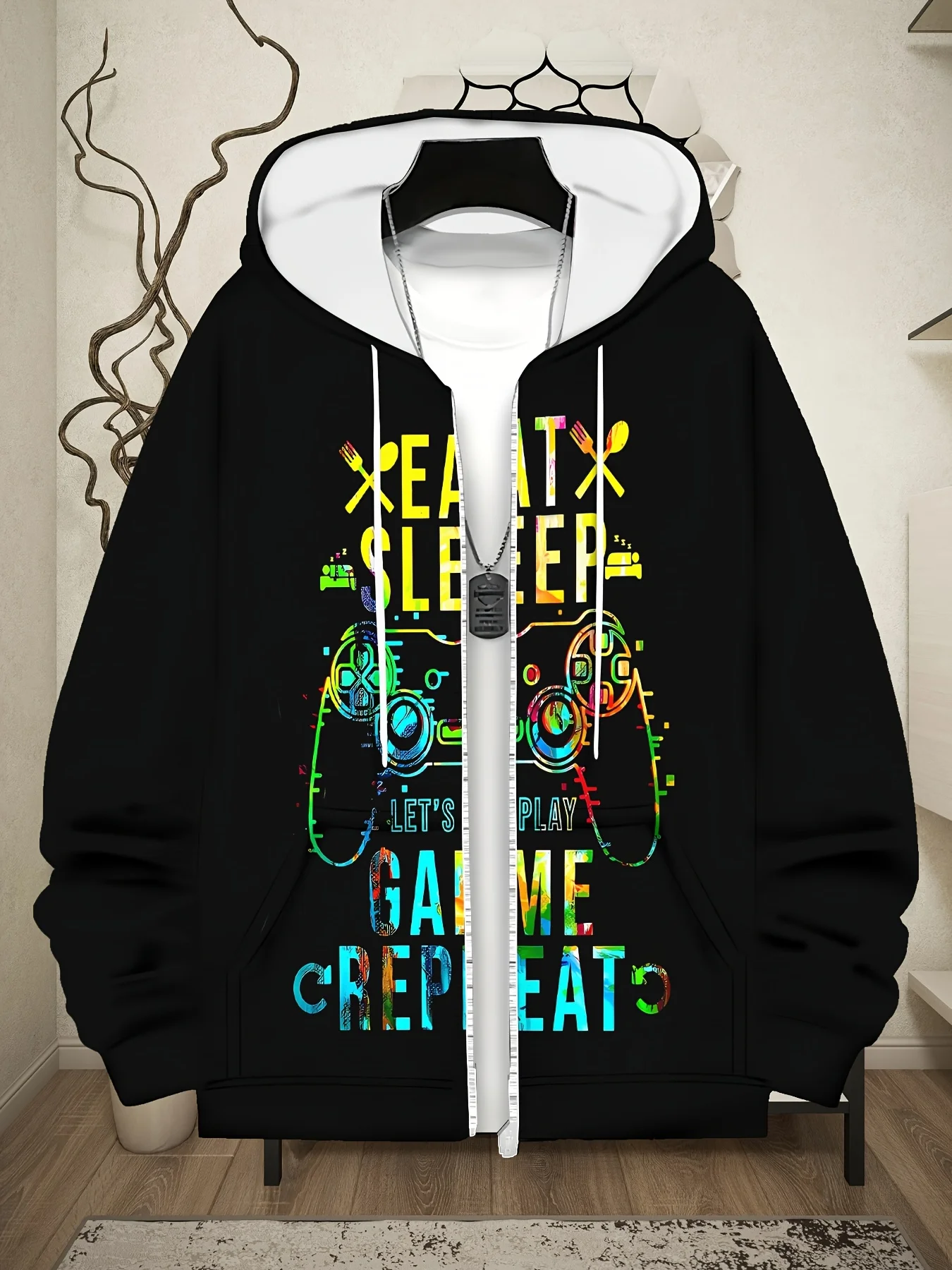 Moletom com capuz gráfico de jogos vibrantes masculino – Design "Xbox Let'S Game Eat", jaqueta preta com zíper e estampa colorida de controlador de jogo, Coz