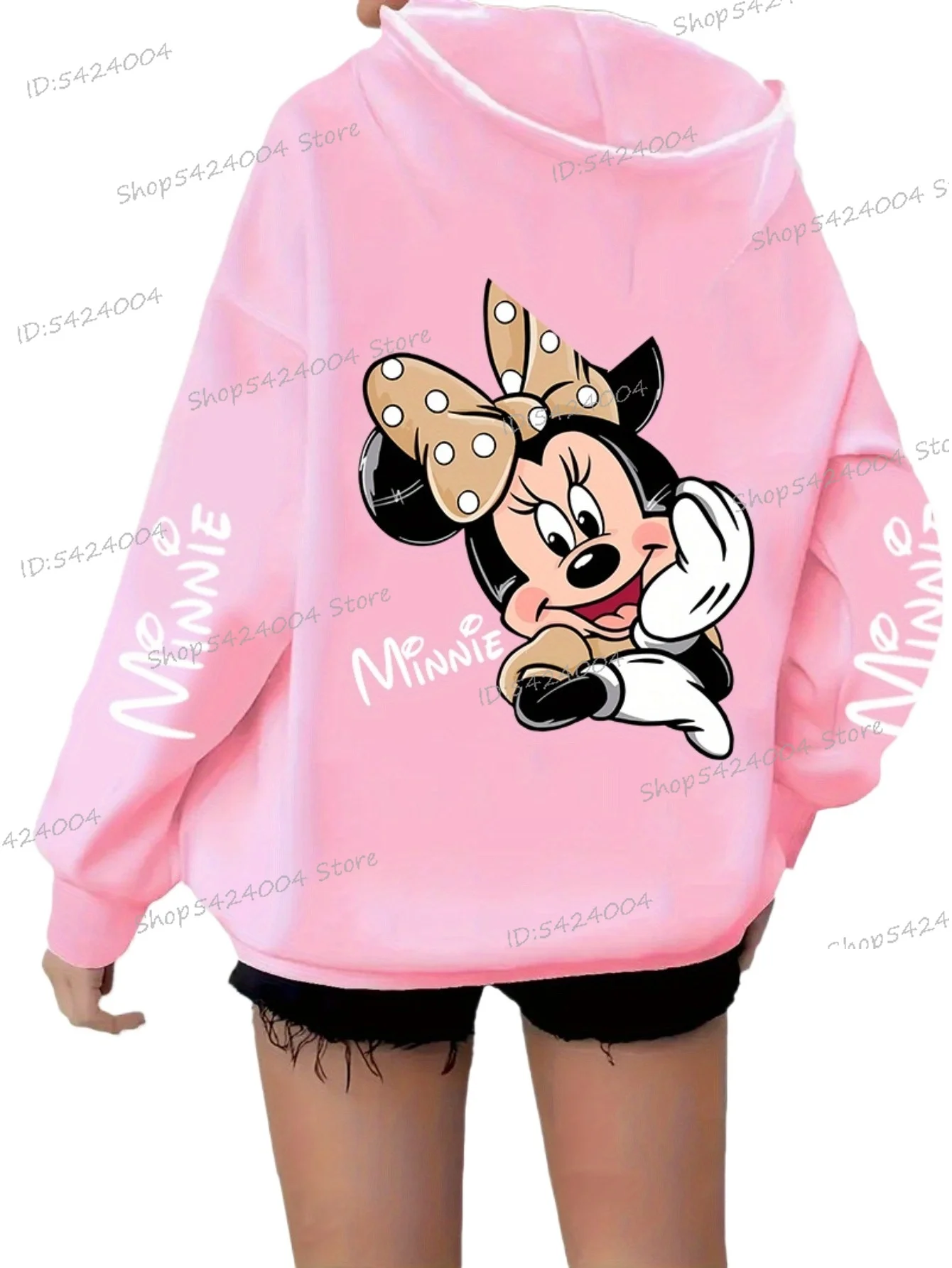 سترة بغطاء للرأس مطبوعة على شكل ميني ماوس مع جيوب للخريف والشتاء وجيوب أمامية كاجوال بتصميم جرافيك "MINNIE" ملابس حريمي