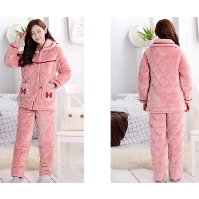 2023 New Winter Coral Fleece Pajamas Women Thickened Fleece Loungewear Warm Triple Layer Sleepwear Flannel Cotton Loungewear Set