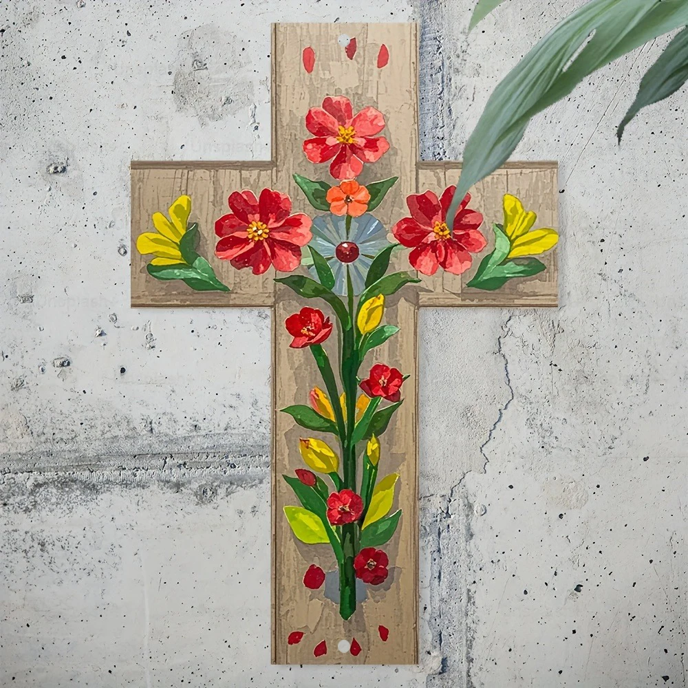 Vintage Metal Cross with Vibrant Floral Design | Wall Hanging Decor Suitable for Christmas, Halloween, Easter, Thanksgiving