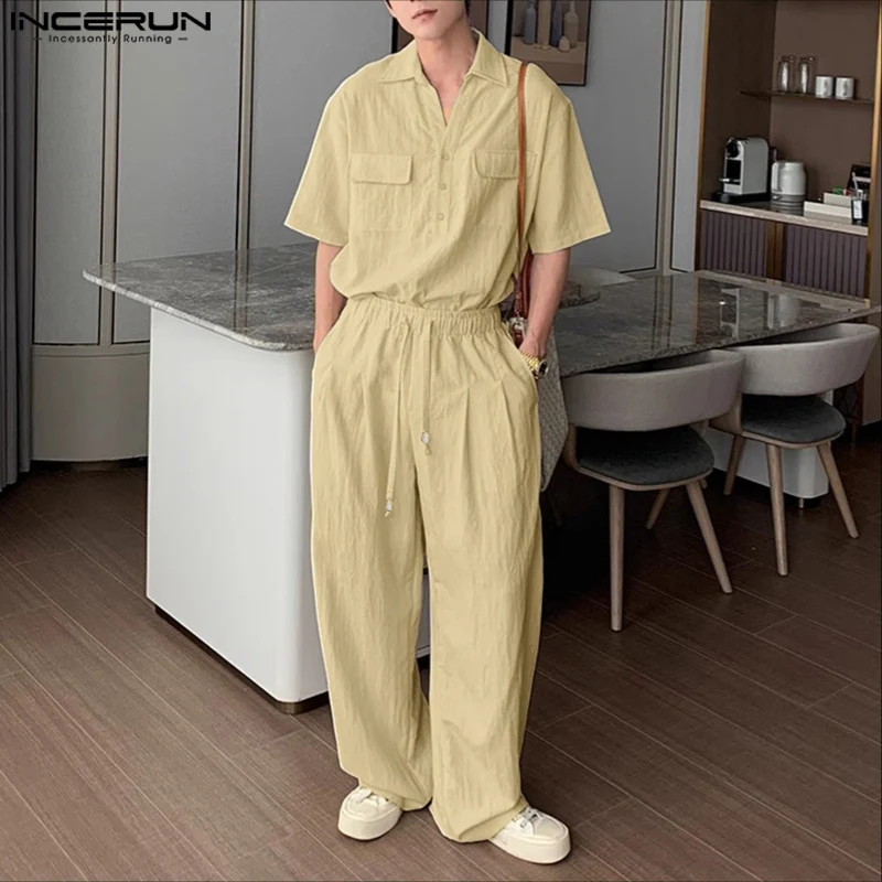 

INCERUN Мужские комплекты Однотонная рубашка с длинными рукавами и брюки с лацканами Комплекты из двух предметов Уличная одежда Свободные модные повседневные мужские костюмы S-5XL