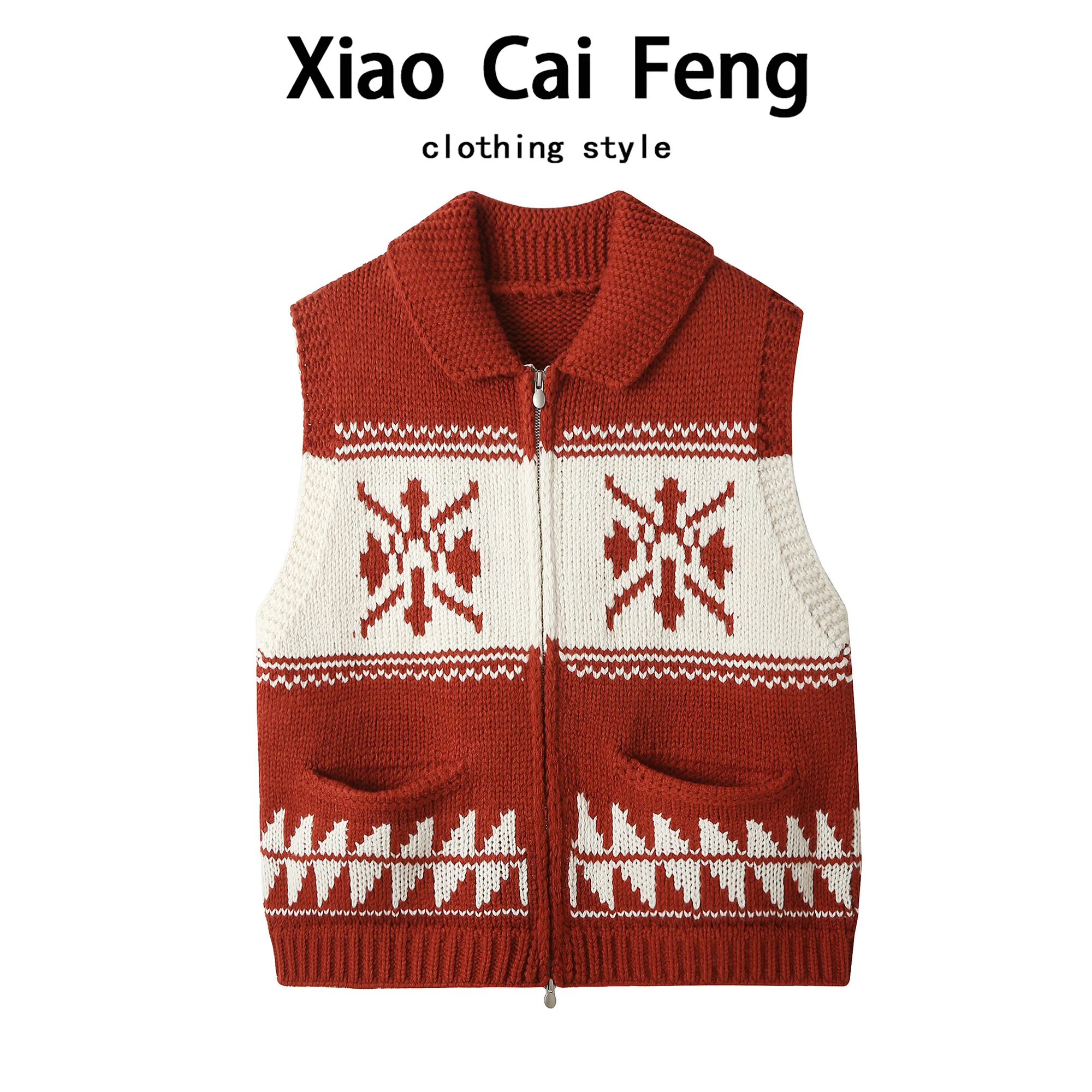

Red New Year Fair Isle Thiened Knitted Cardigan Vest Women's Winter Layered Outerwear Trendy ort Coat Warm Commute Sle
